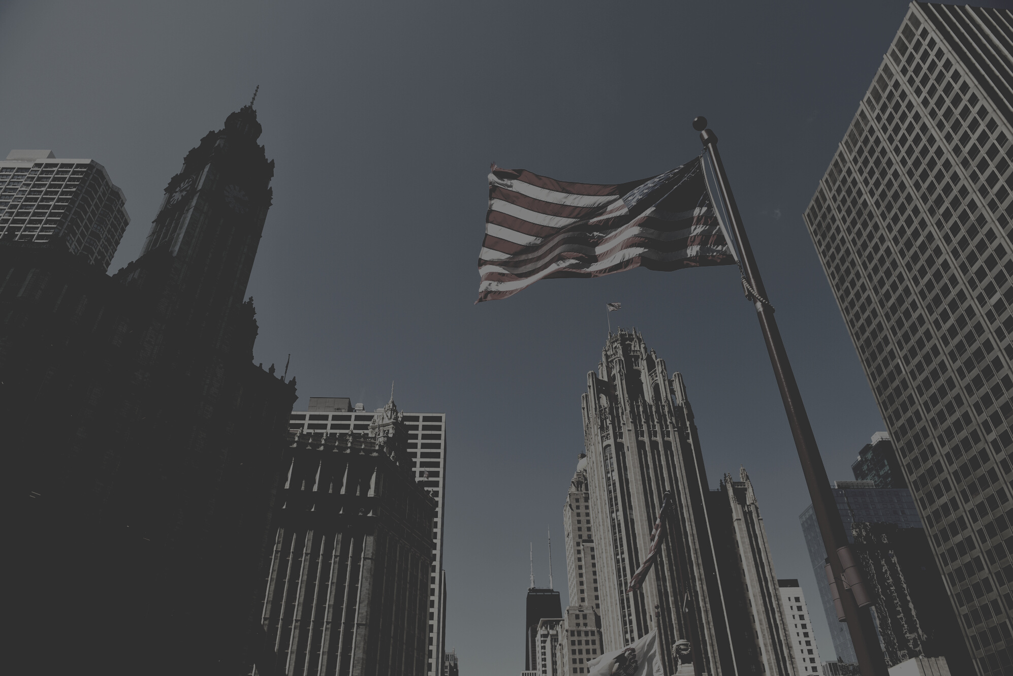 American Flag Waving in Downtown Chicago, USA